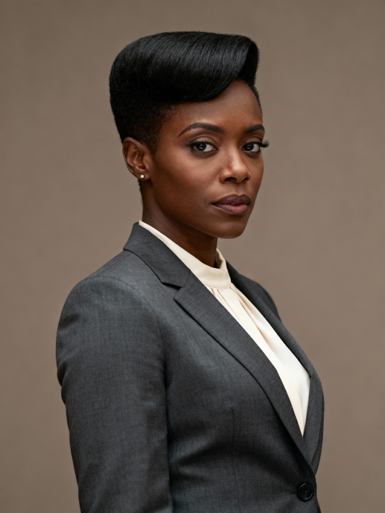A confident black woman wearing a suit
