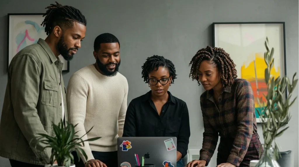 About our diverse team of brand consultants collaborating over a laptop in Lagos